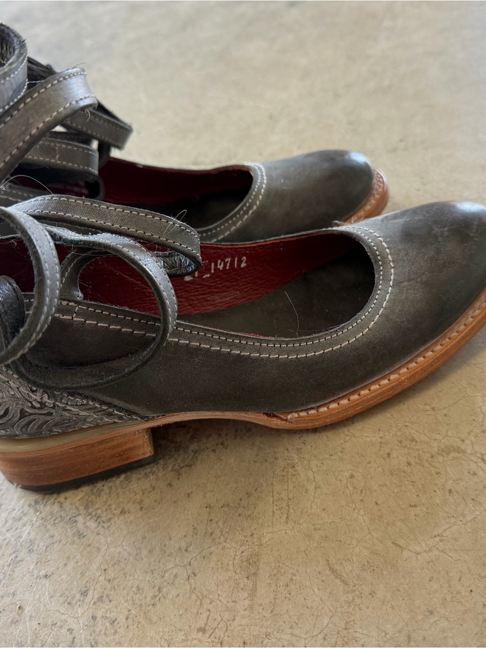 freebird Gray Leather Mary Jane Flats with Ankle Straps